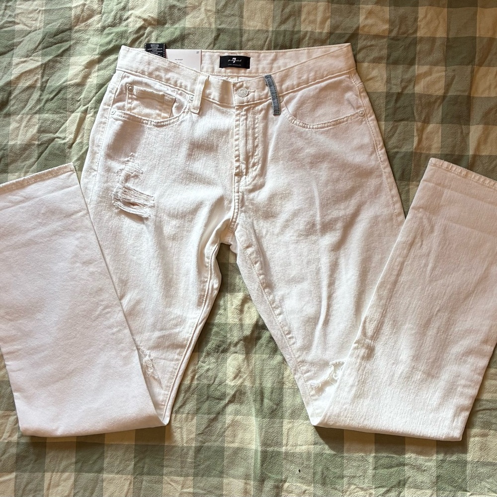 NWT 7 For All Mankind Low Straight Distressed White Jeans Blue Patch Pocket 27 - Picture 9 of 12